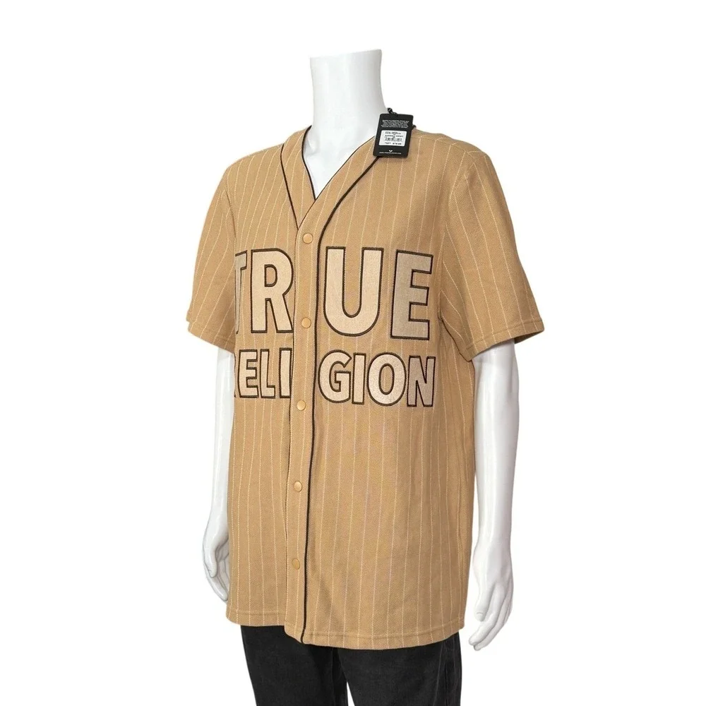 True‎ Religion Mens Baseball Jersey Tan Stripe Short Sleeve Button Up Size M NWT